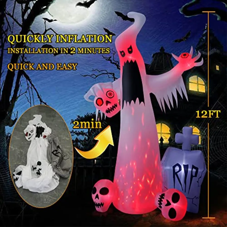 Halloween Outdoor Decorations: 12 Ft Inflatable Ghost With 3 Skulls, White Fabric, Built-In LED Lighting For Garden And Party view 2