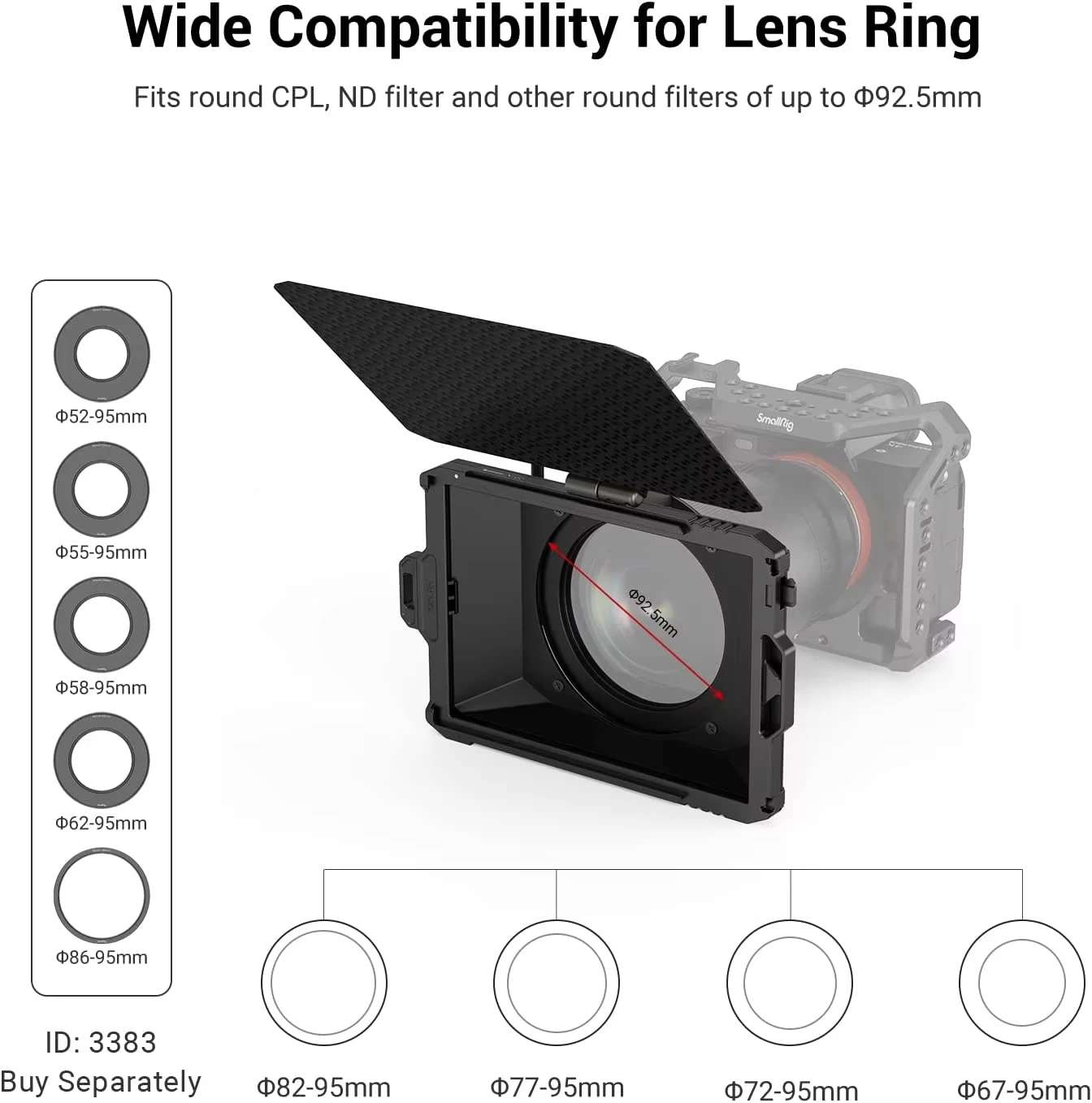 SmallRig Mini Matte Box Lite for Mirrorless DSLR Cameras w 67/72/77/82-95mm Adapter Ring for Standard 52/55/58/62/67mm lens 3575
