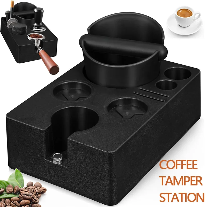 Coffee Tamper Station Coffee Tamper Holder Base Espresso Tamper Station with Knock Box Adjustable Height Coffee Bar Accessories