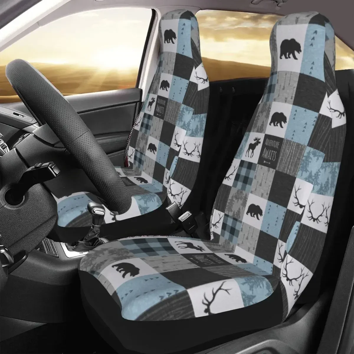Adventure Awaits-funda para asiento  coche, color azul y gris, fundas  asiento a cuadros  tartán para coches, camiones, SUV, acc