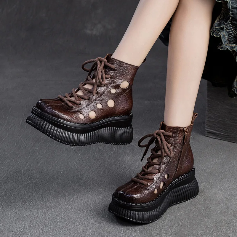 6cm New Boots Cow Genuine Leather ROME Comfy Sandals Summer Platform Wedge Fashion Hollow Breathable Ankle Booties Shoes