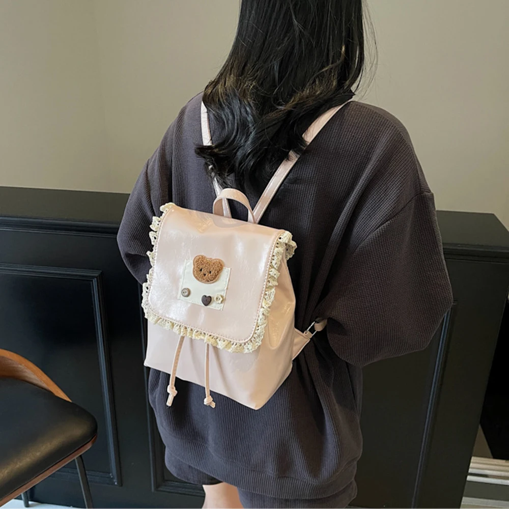 

Cute Ruffled Lace Fashion Backpack Ballet Style PU Leather Drawstring Backpack Casual Top Handle Cute Bear Knapsack Student