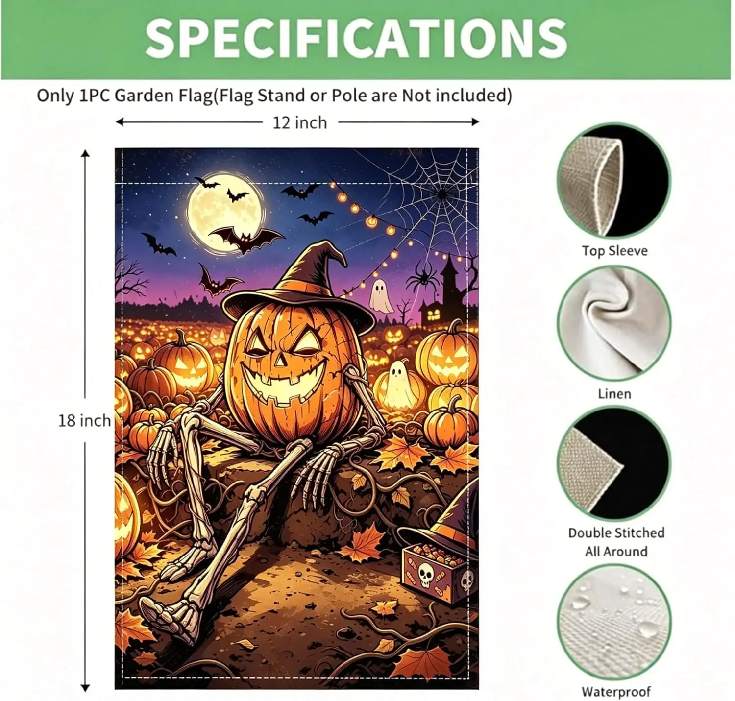 Halloween Pumpkin Skeleton Garden Flag 12x18 Double Sided Yard Decor | Waterproof Burlap Fall Garden Flags for Outside