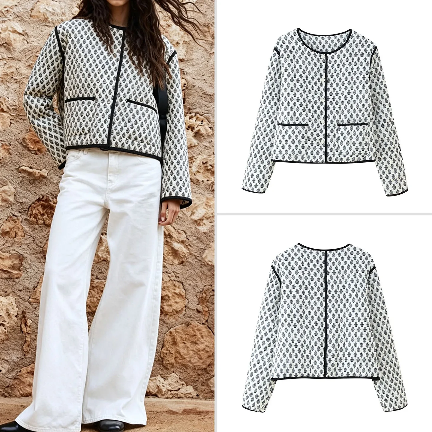 ZADATA Women's Casual Style Long Sleeve round Neck Floral Pattern Quilted Jacket Loose Fit Button Closure Autumn New Arrival
