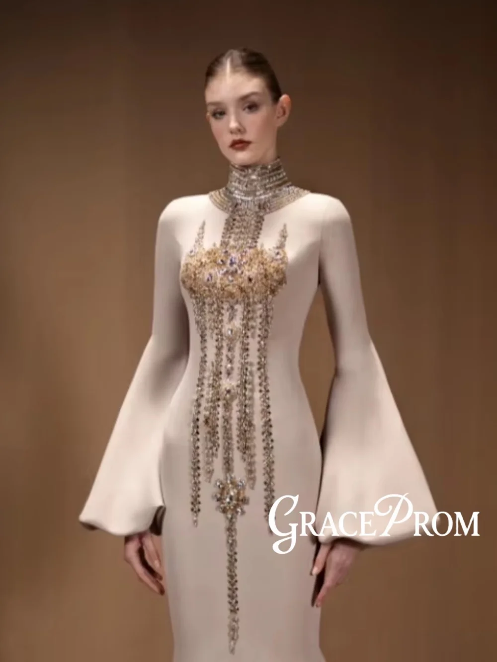 

Вечернее платье из атласа с блестящими кристаллами, элегантное, с расклешенными рукавами, фасон «русалка», для свадебных торжеств, индивидуальный пошив, изысканное длинное банкетное платье