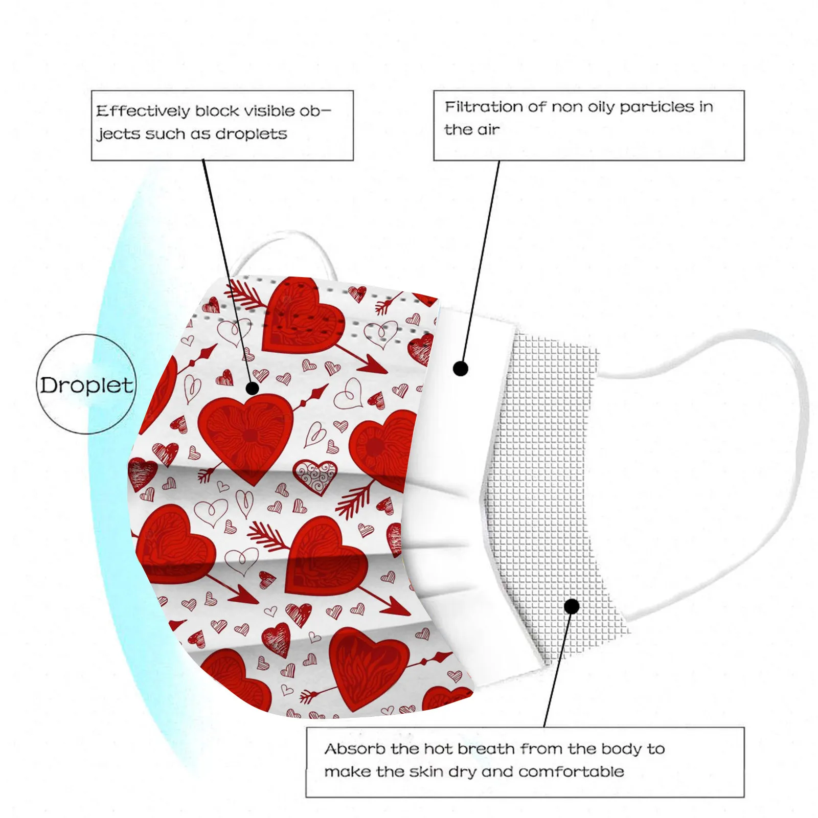قناع وجه واقي للاستخدام مرة واحدة للبالغين ، يوم القلوب 3 طبقات ، 10 من من من من الحب ، 50 من الخارج