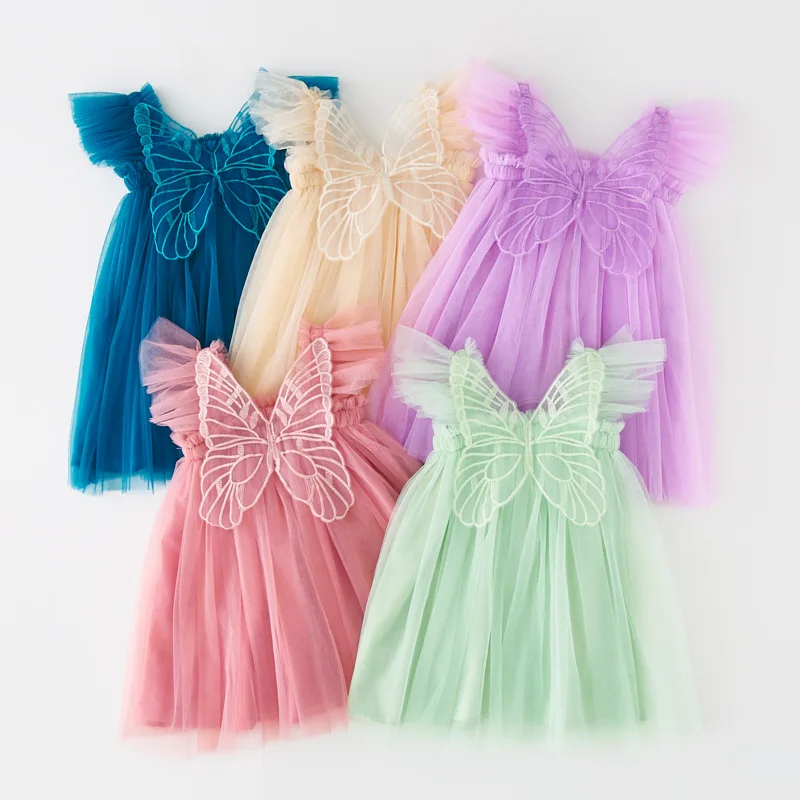 Summer New Baby Girl Clothes Solid Color Flying Sleeve Butterfly Wing Decorative Little Girls Dress Sweet Princess Baby Dresses