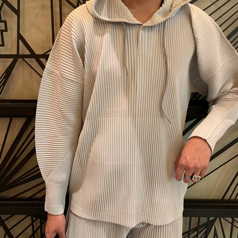 Miyake Pleated Men's Sweatshirt Hoodie Classic Pleated 2025 Summer New Tops Loose Casual Simple Drawstring Pullover Hoodie Male