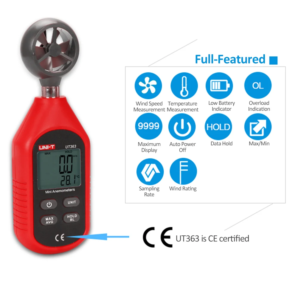 UT363 Handheld Wind Speed Measurement Mini Digital Anemometer Temperature Tester LCD Display Air Flow Speed Wind Level
