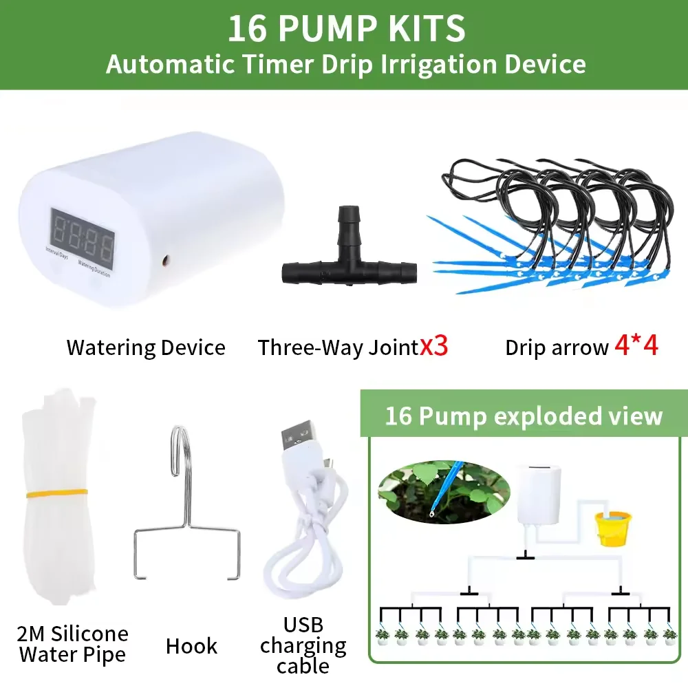 Automatic Plant Flower Watering Pump Home Sprinkler Drip Irrigation Device 4/8/16 Heads Pump Timer System Kit Garden Tool