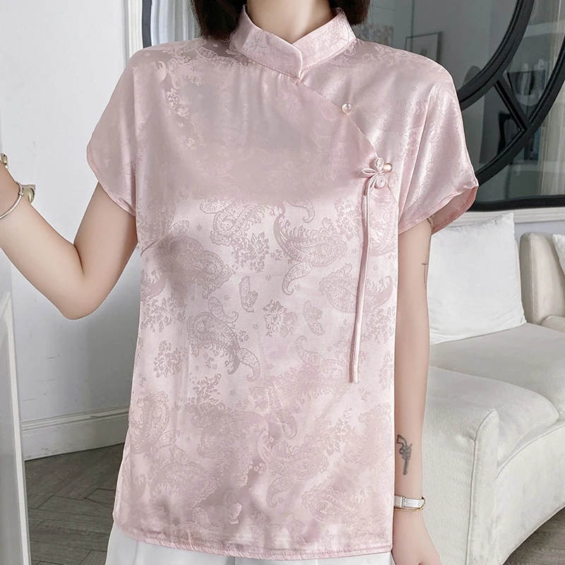 Chinese Style Short Sleeve T-shirt Vintage Jacquard Imitation Silk Woman Shirt Summer Elegance Modified Cheongsam Loose Top