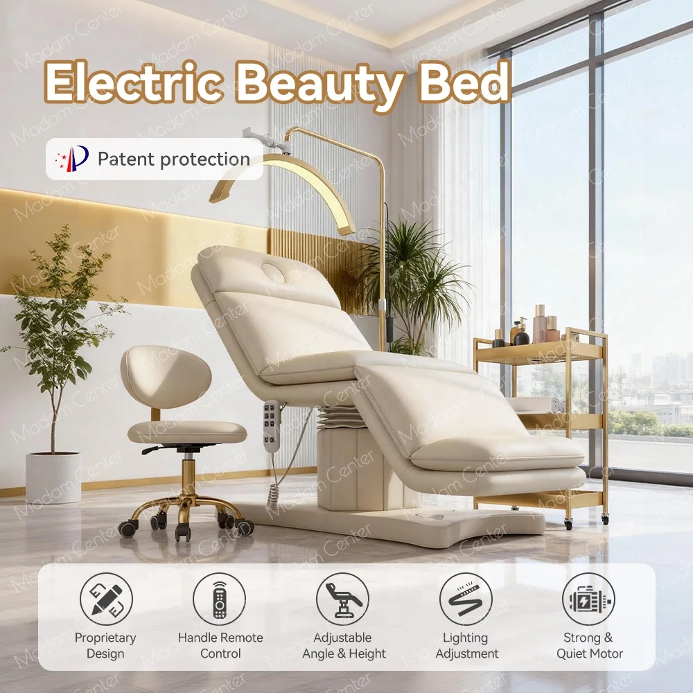 Madam Center Electric Beauty Esthetician Bed with LED Light Strip Adjustable & Foldable Synthetic Leather Salon Furniture