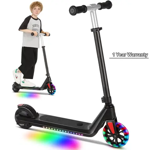 CAROMA Scooter électrique pour enfants âgés de 6 à 14 ans, moteur 120 W, lumière colorée, hauteur et vitesse réglables, scooter pliable, garantie UL 1 an