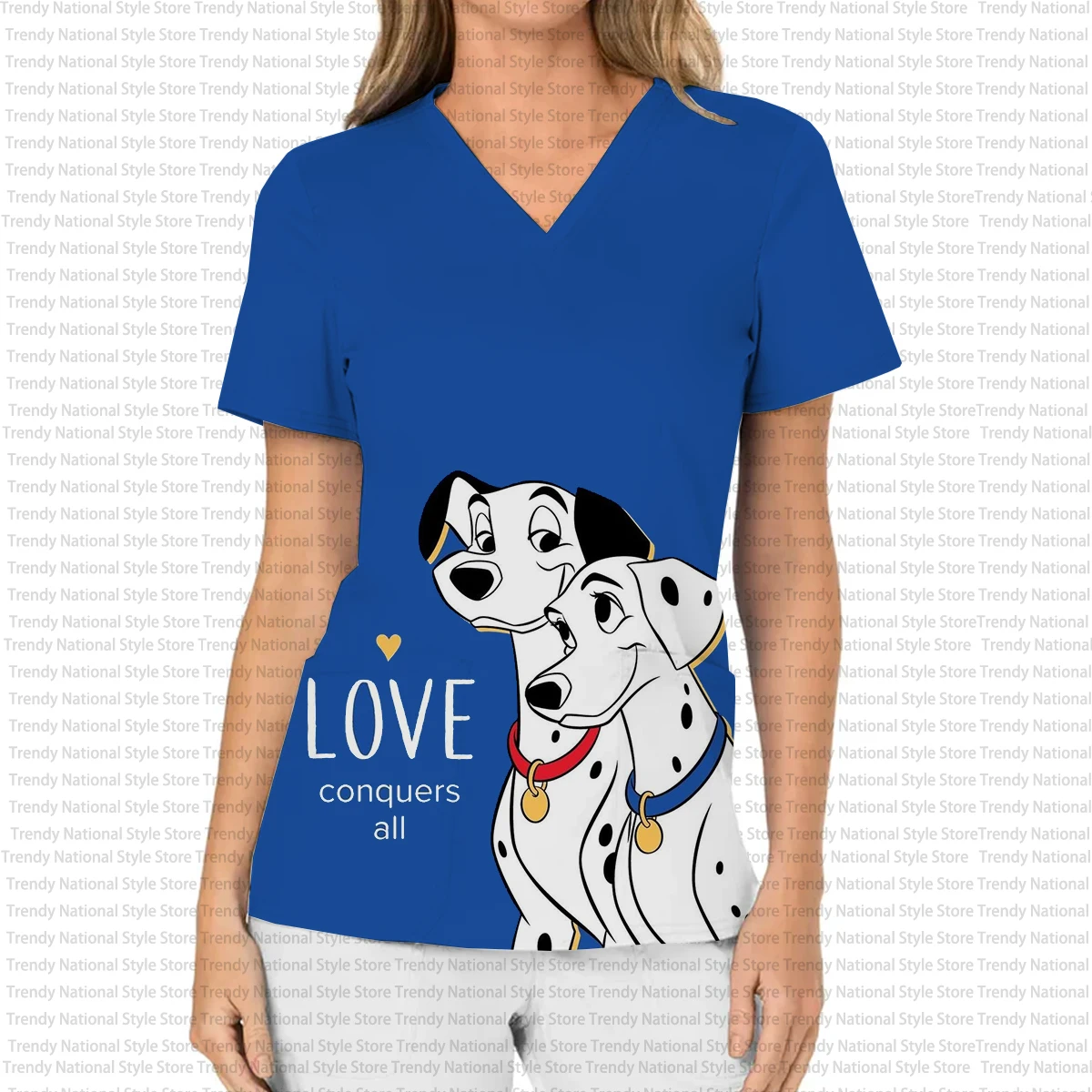 

2025 New Summer Women's Scrub Tops V-Neck Pocket T-Shirt Print Disney Dalmatian Beauty Salon Veterinary Work Clothing Tops