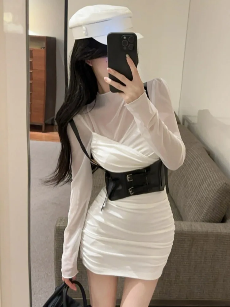 

Fashion Sexy American Short White Dress Design Sense Perspective Mesh Splicing Slim Effect Vest Dress Korean Version Commuting