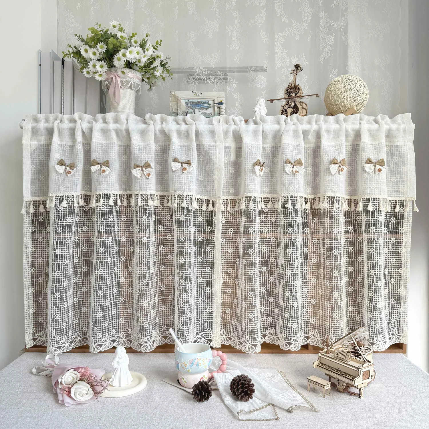 1PC Cute Lace Hollow Bows Tassel Short Curtain for Study Kitchen Sheer Window Drape Cafe Home Decoration Blinds #E