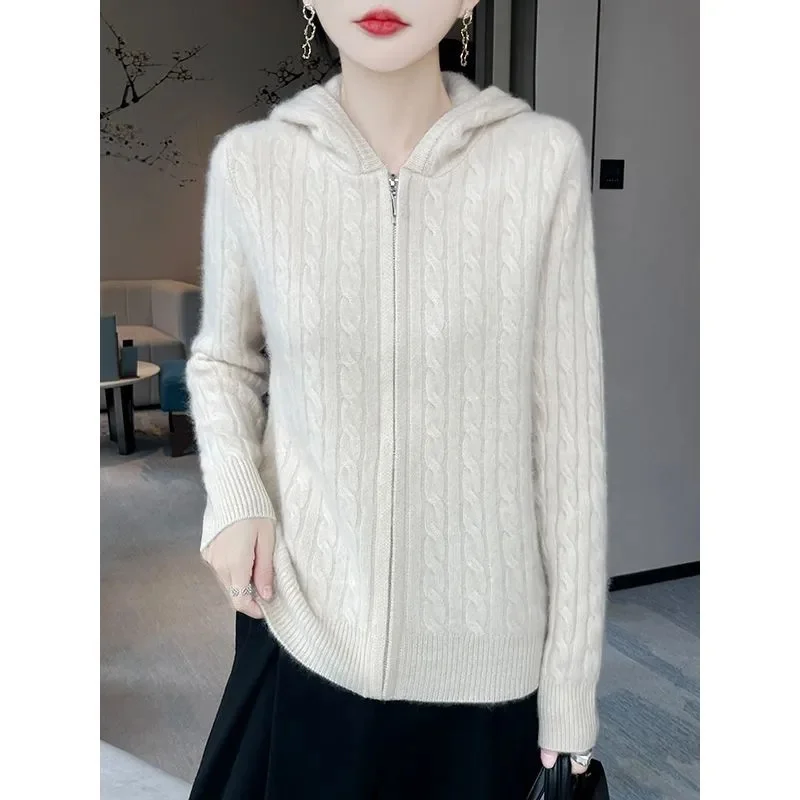 Hooded Cardigan Sweater Coat Women's Short New Autumn Winter 2026 Twist Zipper Knitwear Loose Cardigan Jacket Ladies Explosions