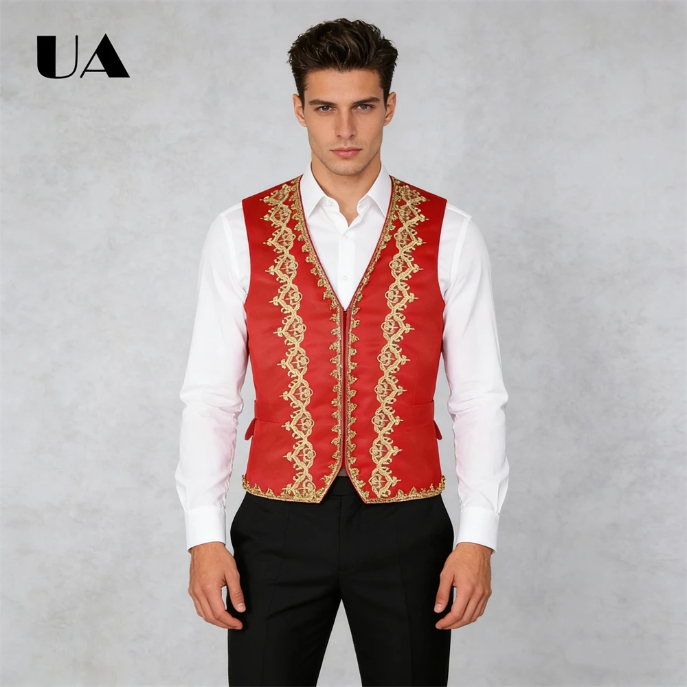 Men's Gold Embroidery Vest S-2XL Costume Waistcoat Singlr Breasted Waist Adjustable Vest