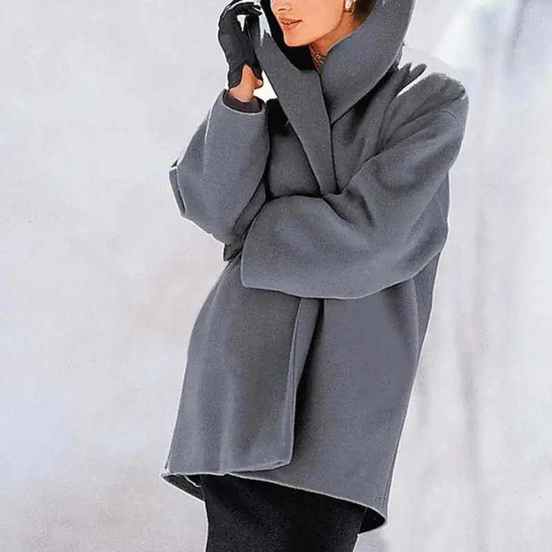 plus Size Women's Woolen Hooded Coat Large Ladies' Cashmere Outerwear Long Sleeve Pure Color Autumn Season Fashionable Coat