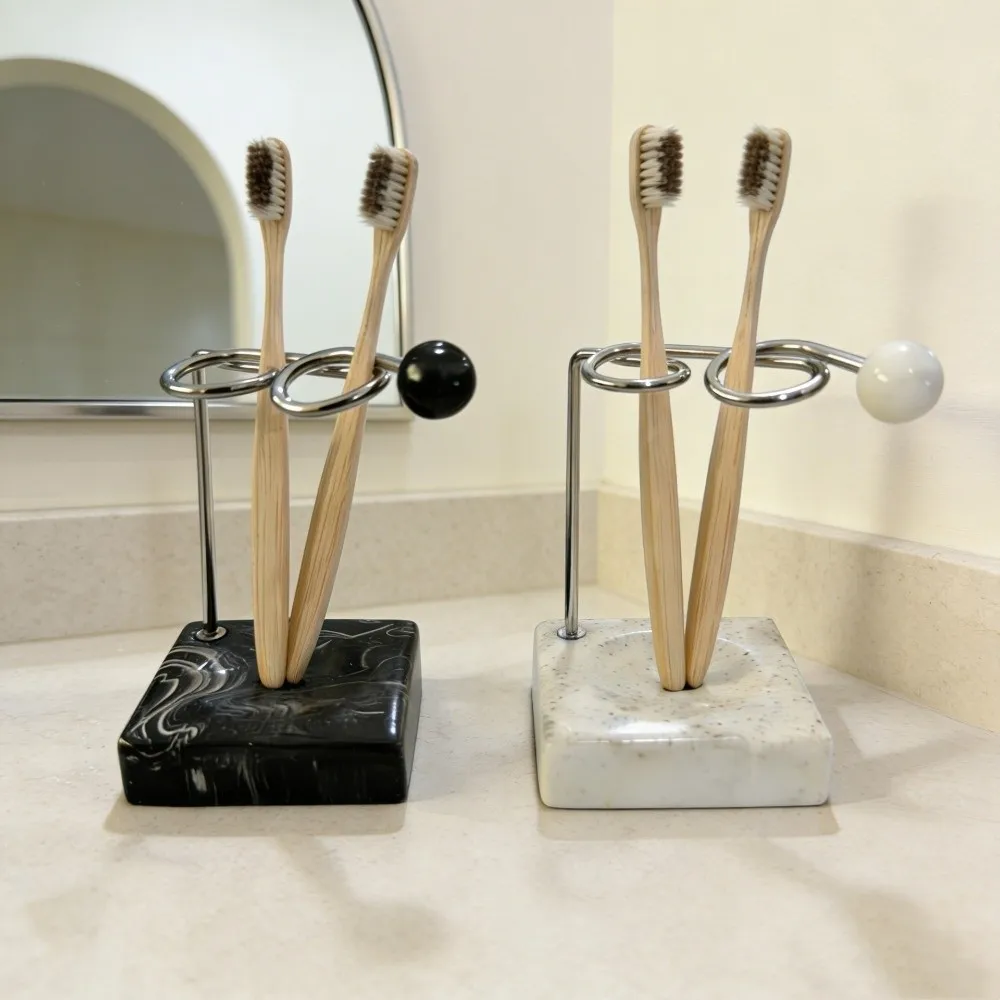 Modern Style Resin Base Toothbrush Holder Metal Ring Marble Print Bath Rack Dual Slot Ball Decor Vanity Storage For Wash Area