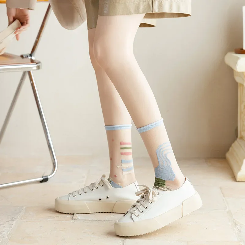 Cute Ultra-thin Transparent Crystal Silk Socks Fashion Woman Socks Harajuku Floral Retro Japan Style Colorful Kawaii Socks