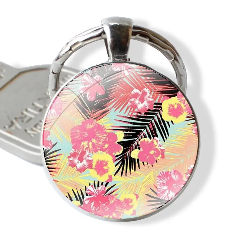 Tropic Beige and Rose Gold 25mm Glass Cabohcon Keychain Key Rings for Women Men Jewelry Gift