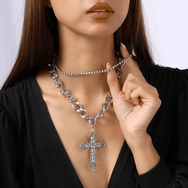 2 Teile/satz Mode Doppel Schichten Halskette für Frauen Gothic Kreuz Anhänger Halskette Mädchen Party Festival Schmuck Geschenke – Detail 3