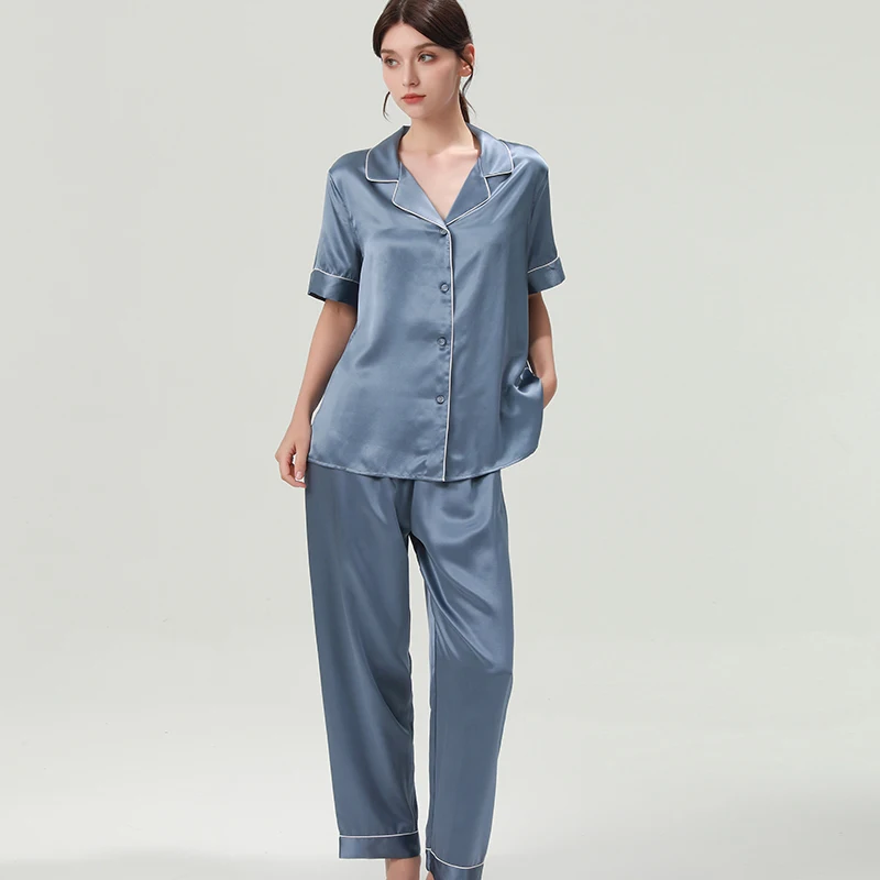 

19 мм 100% шелковые брюки с короткими рукавами, комплект из двух предметов, женская пижама, ночная рубашка, осенний однотонный кардиган, пижама, ночная рубашка