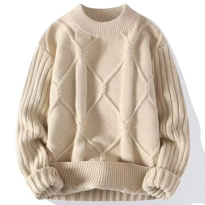 Trendy Knitted Sweater For Men Casual Style Loose Fit Warm Inner Soft Supple Round Neck Top For Young Teens Autumn Winter