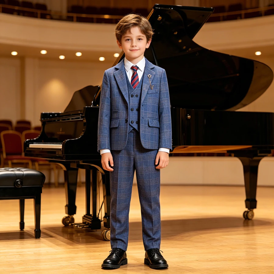 Kids Boys Blue Plaid Tuxedo Set Double Breasted Vest Jacket Pants Tie Formal Ring Bearer Wedding Piano Birthday Outfit for 3-14Y