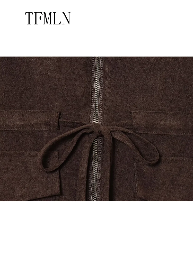 معاطف نسائية غير رسمية بسحاب موضة خريف 2025 على شكل حرف v بدون أكمام برباط أنيق ملابس الشارع الشهير جيوب عتيقة سترات متينة #5