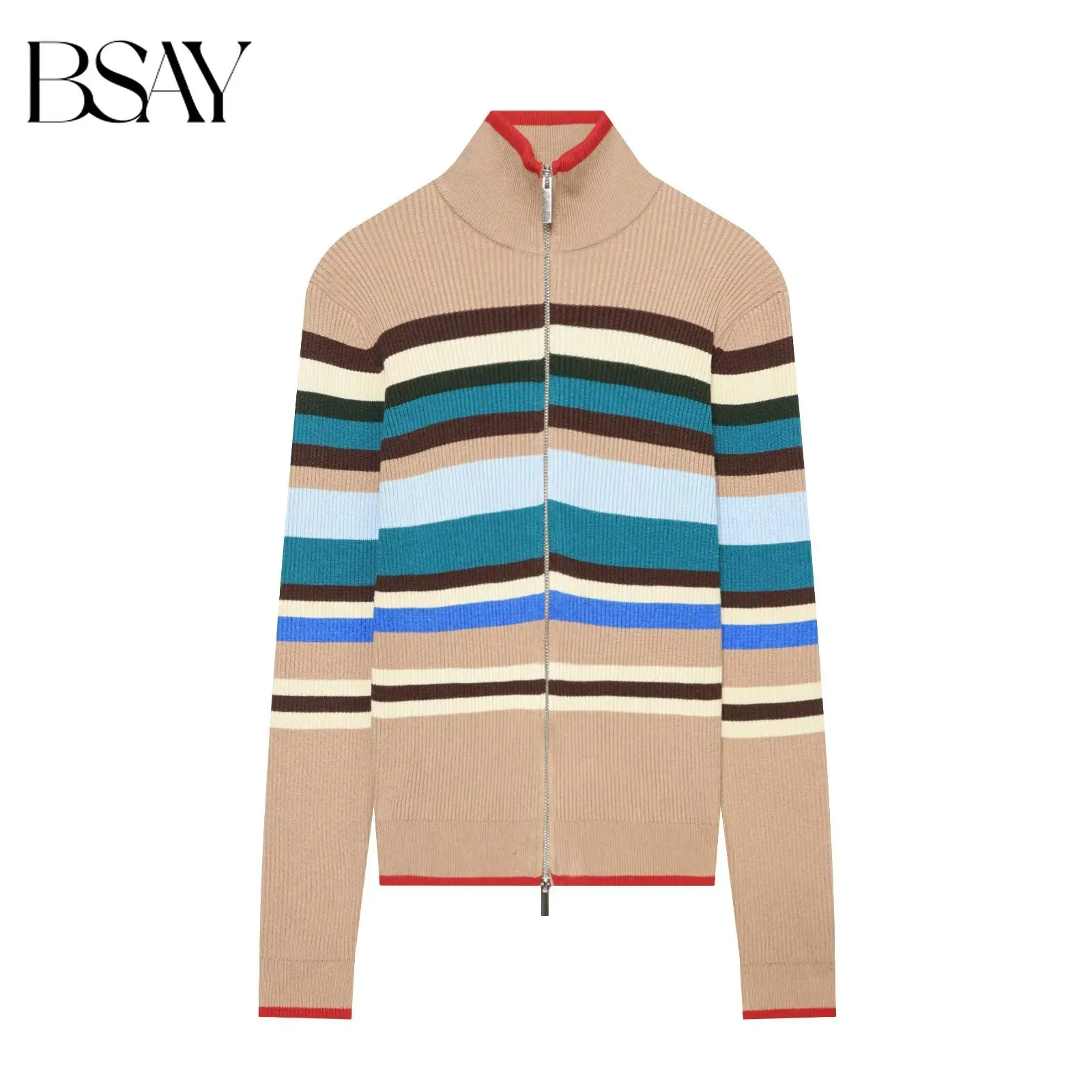 BSAY New Women's Stand Collar Striped Ribbed Knit Cardigan Autumn Retro Color Block Full Zip Slim Fit Long Sleeve Knitted Jacket