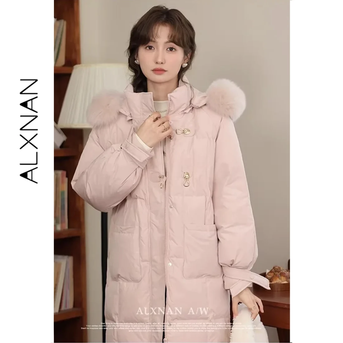 

ALXNAN Women's Down Jacket 2026 Pink 90 White Duck Down Real Fur Collar Hooded Thick Warm Coats Female LXN329119