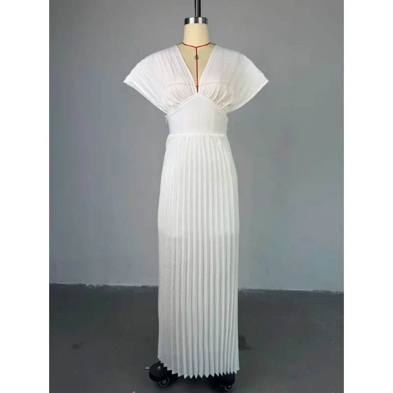

Elegant Dress Women Spring 2025 Short Sleeve V-neck Long Pleated Sweet Holiday Beach Evening Sexy Girl Party Dresses Vestidos