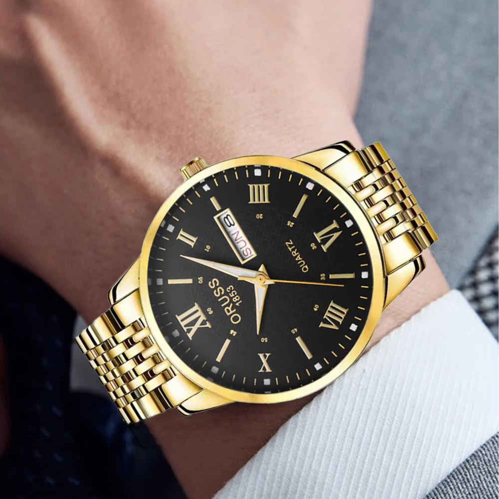 ORUSS оригинальные мужские часы из нержавеющей стали с двойным календарем, водонепроницаемые светящиеся роскошные золотые часы, модные кварцевые мужские наручные часы, лучший бренд