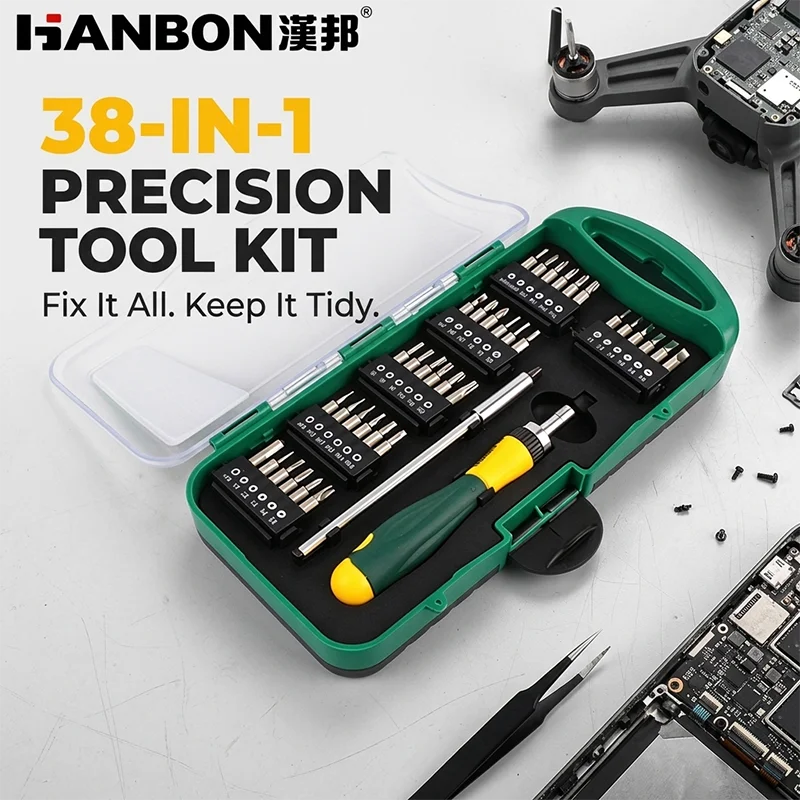 38pcs Screwdriver Set, 36 CR-V Bits S4x28mm SL 1.5-4mm PH000-PH2 PZ0/PZ1 T4-T20 Star H0.9-4.0 Hex, Extension Bar, Ratchet Handle