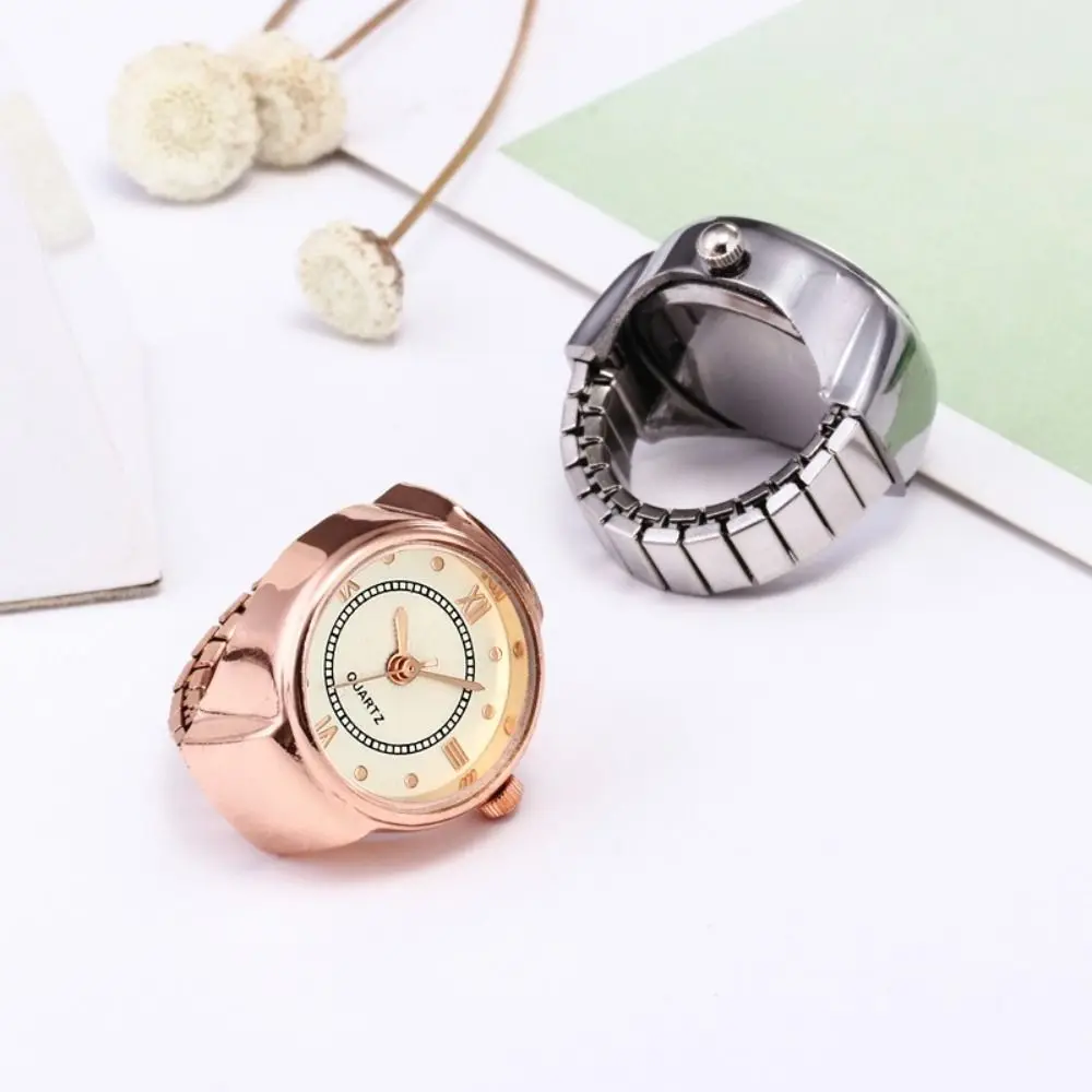 Fashion Alloy Quartz Watch Rings Mini Vintage Elastic Strap Ring Punk Adjustable Finger Ring Jewelry
