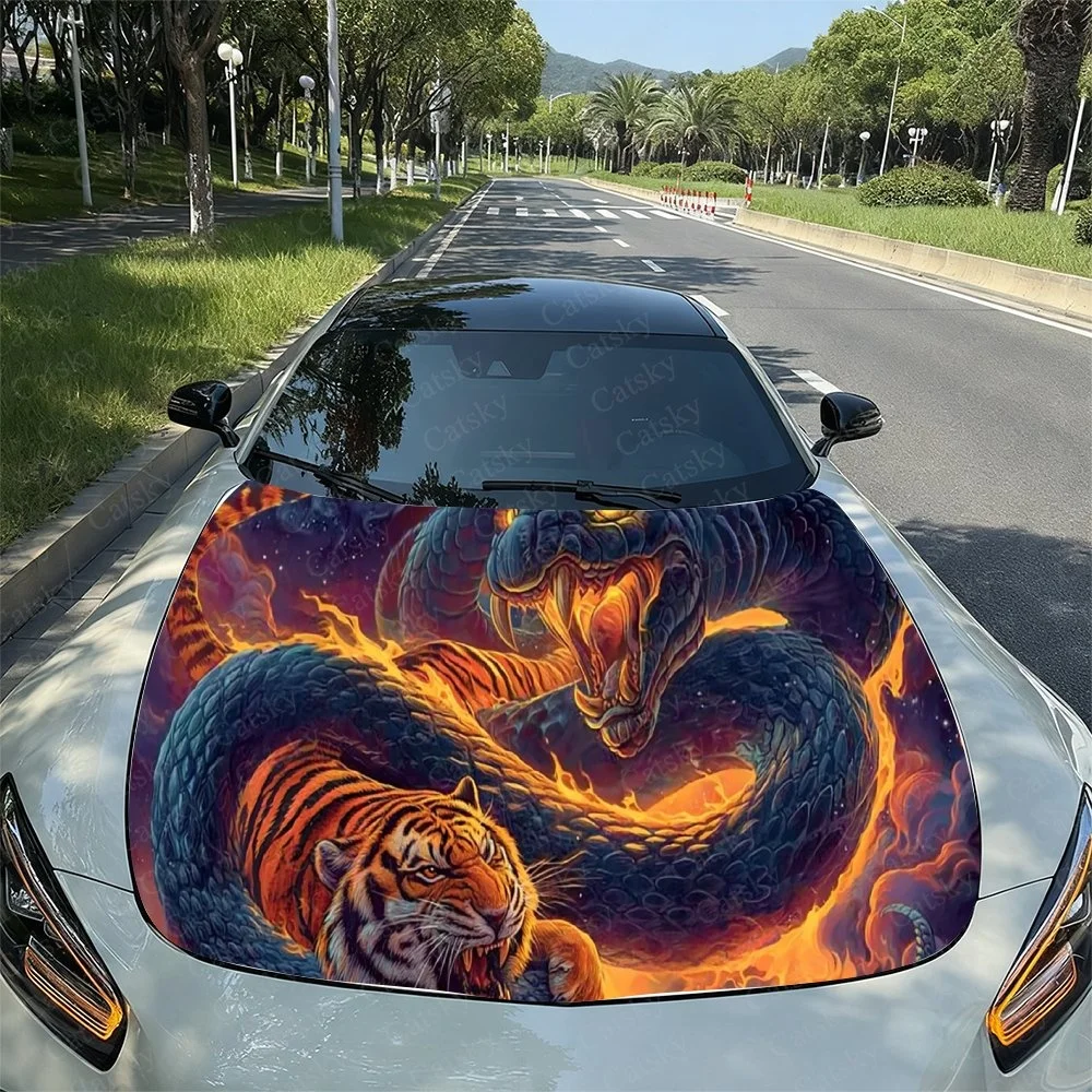 

Vivid tiger vs. serpent battle design on car hood, fiery fantasy art for bold automotive statement.Car hood sticker