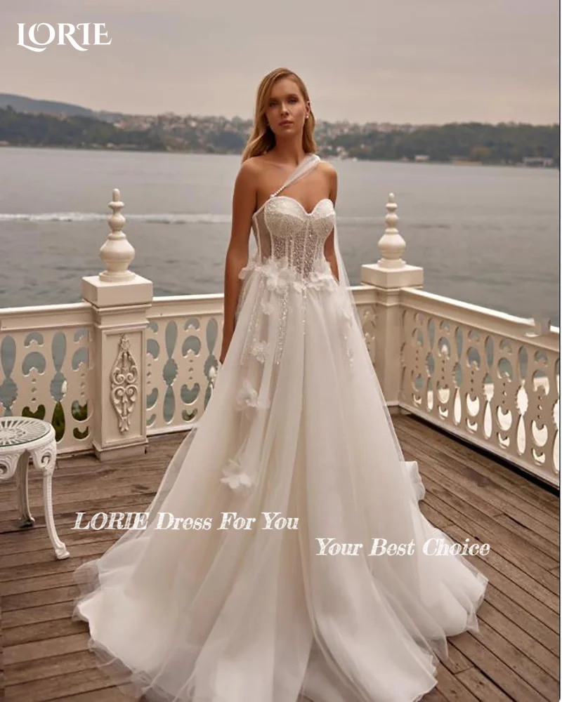 LORIE Appliques Boho Wedding Dress 3D Flowers Lace Detachable Train Sweetheat Bride Gown Customized Plus Backless Bride Dress