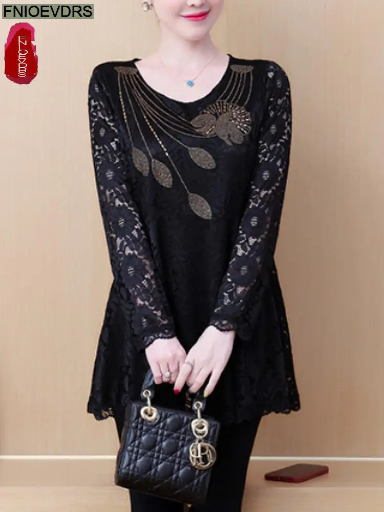 2022 Autumn Black Lace Tunic Bling Tops Hot Women Long Sleeve Elegant Office Lady Patchwork Sheer Belly Design Peplum Top Blouse