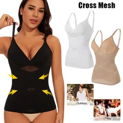 Women Built in bra Tank Top Compression Cross Mesh Corset Tummy Control Body Shaper V Neck Slimming Bustier Sexy Underwear