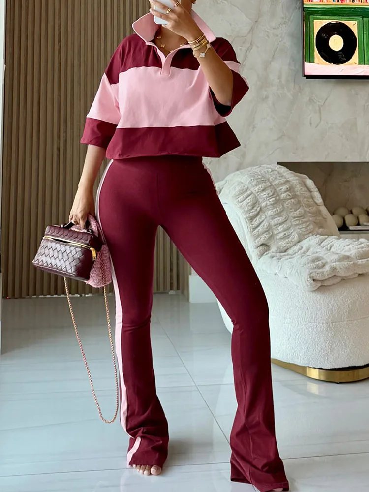Doyerl Activewear Striped 2 Pieces Set for Woman Tracksuit Sporty Workout Polo Neck T-shirt Top and Flare Pants Sweat Suit
