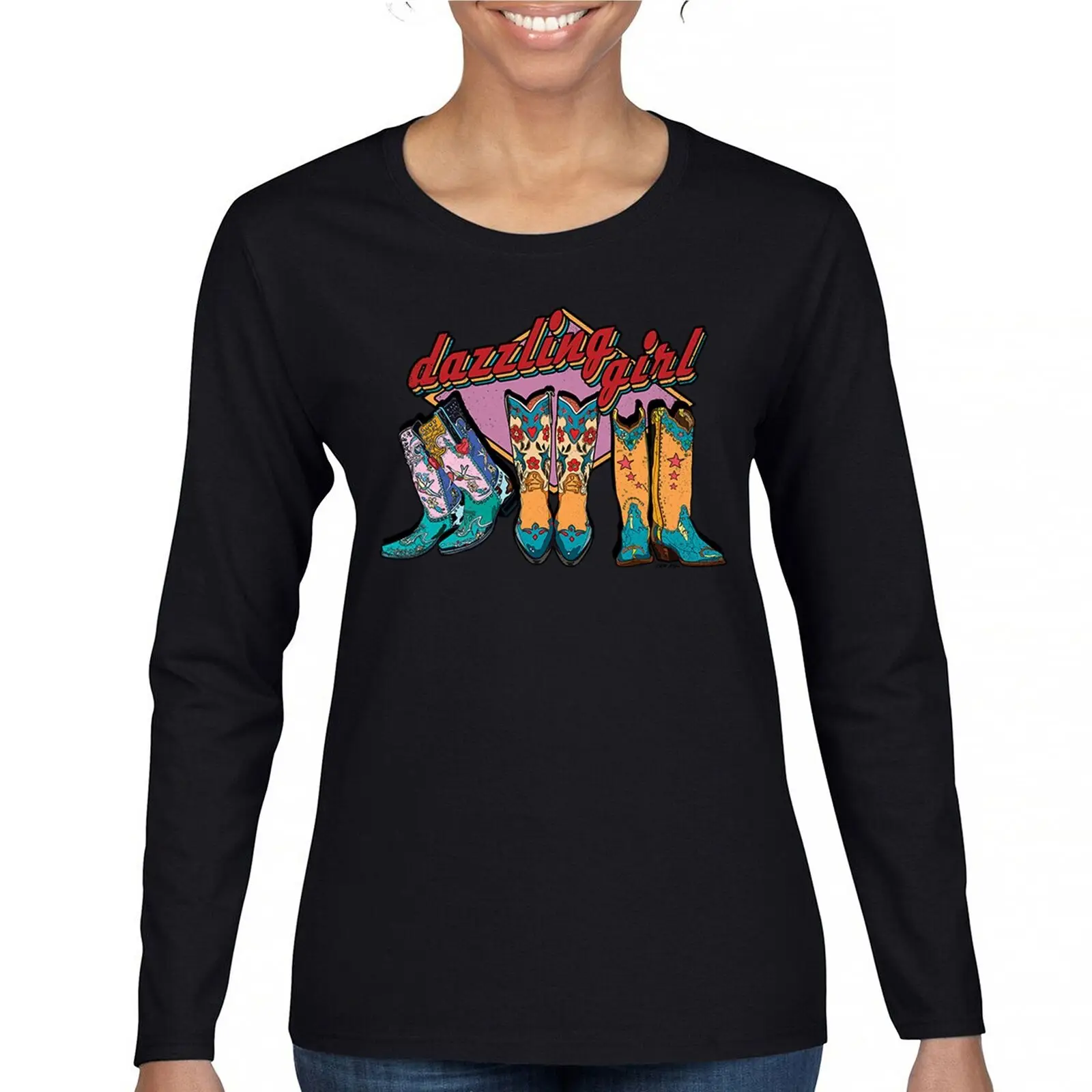 

Dazzling Girl Women's Long Sleeve T-shirt Cowgirl Rodeo Dance Country Southwest