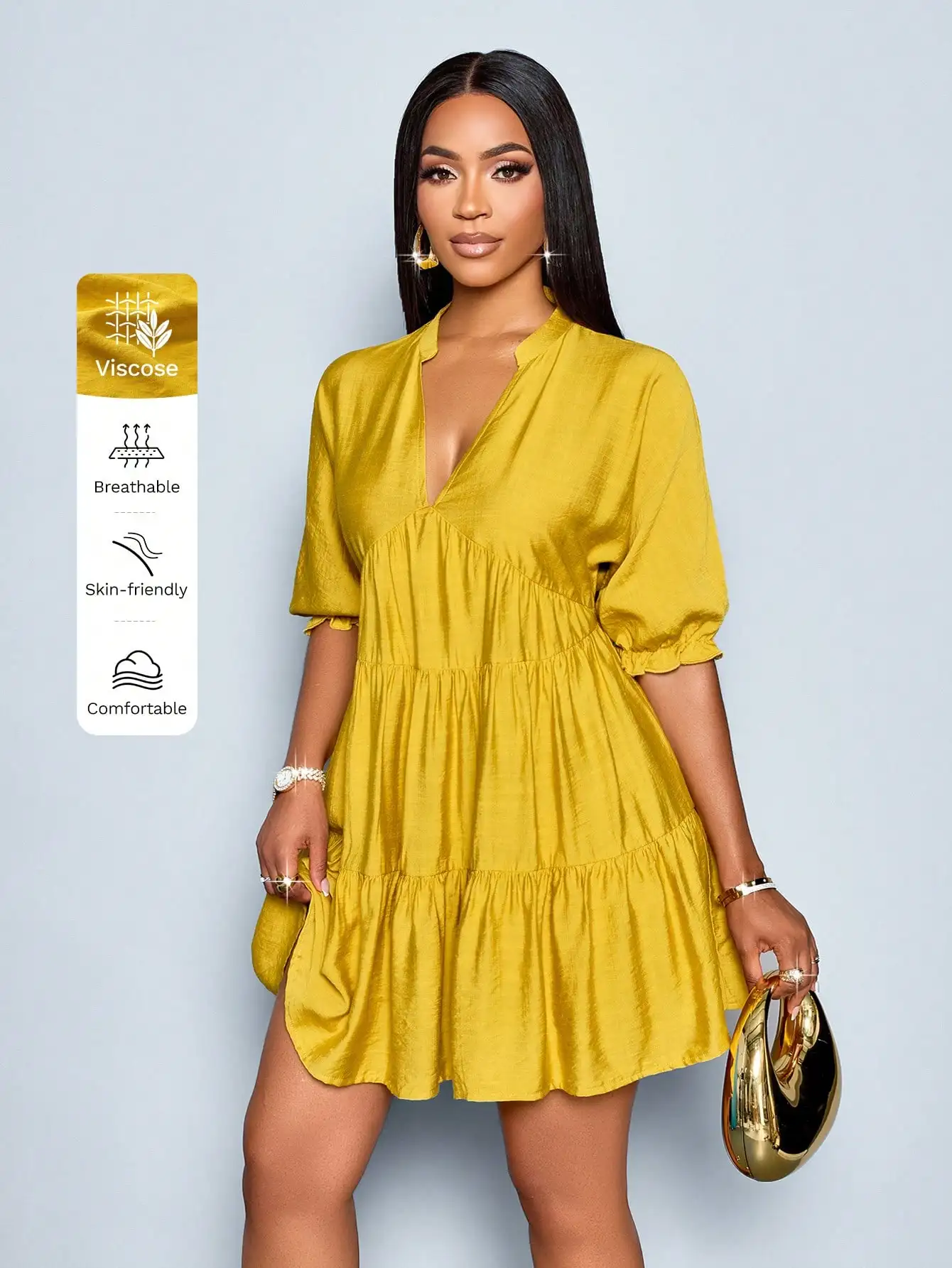 

Yellow V-Neck Ruffle Dress for Summer Beach Vacation Festival Outfit