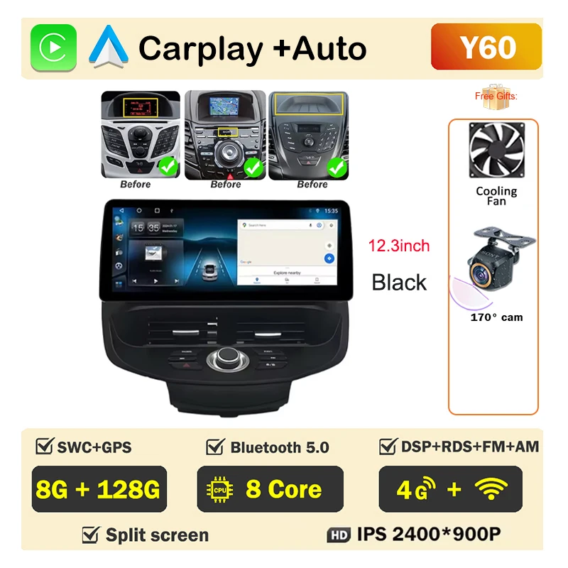 12.3 inch Car Radio For Ford Fiesta MK6 MK7 2009-2016 LHD RHD Android Multimedia Video Player GPS Wireless Carplay QLED Screen image 3
