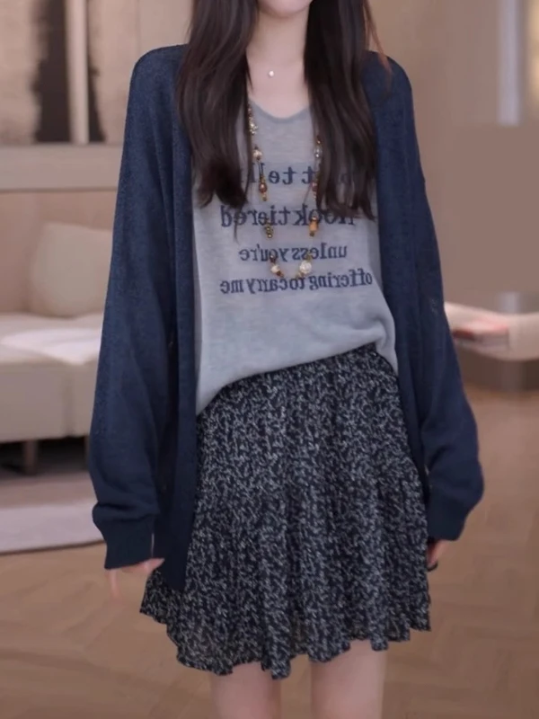 

plus Size Mid-Length Knitted Open Cardigan Ladies Summer Thin Air Conditioning irt Long Sve V-Ne Color Top