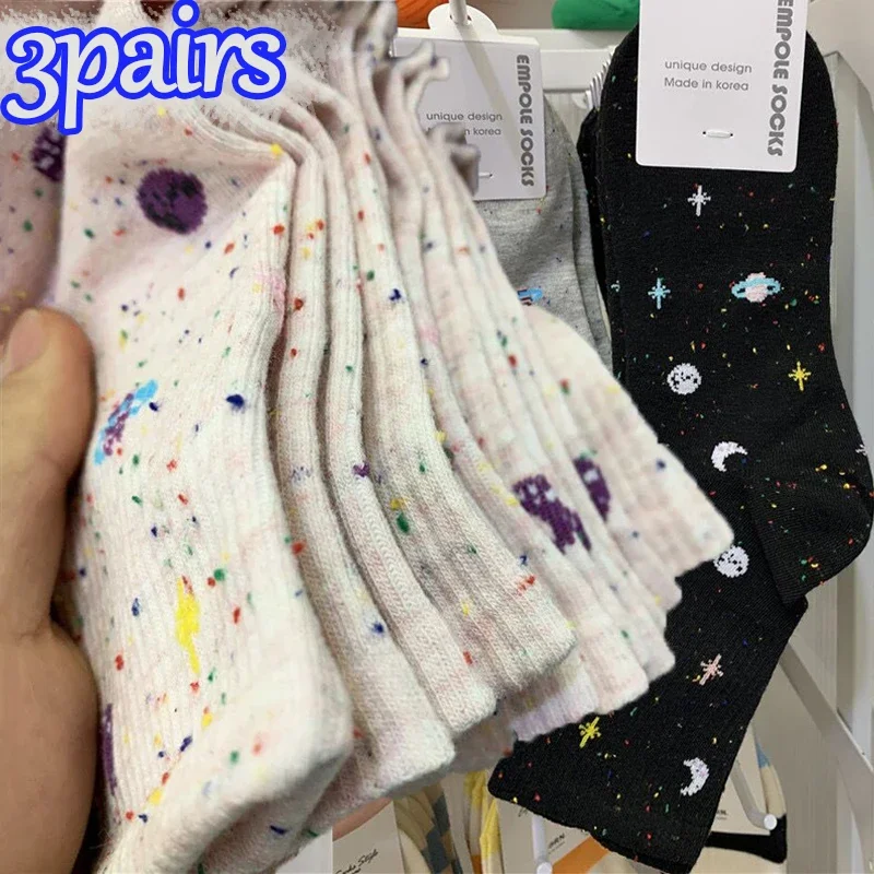 Meias planeta lua e estrelas para mulheres, Harajuku meninas, tubo espacial, longa, colorida, fofa, casual, streetwear, 3, 1 pares