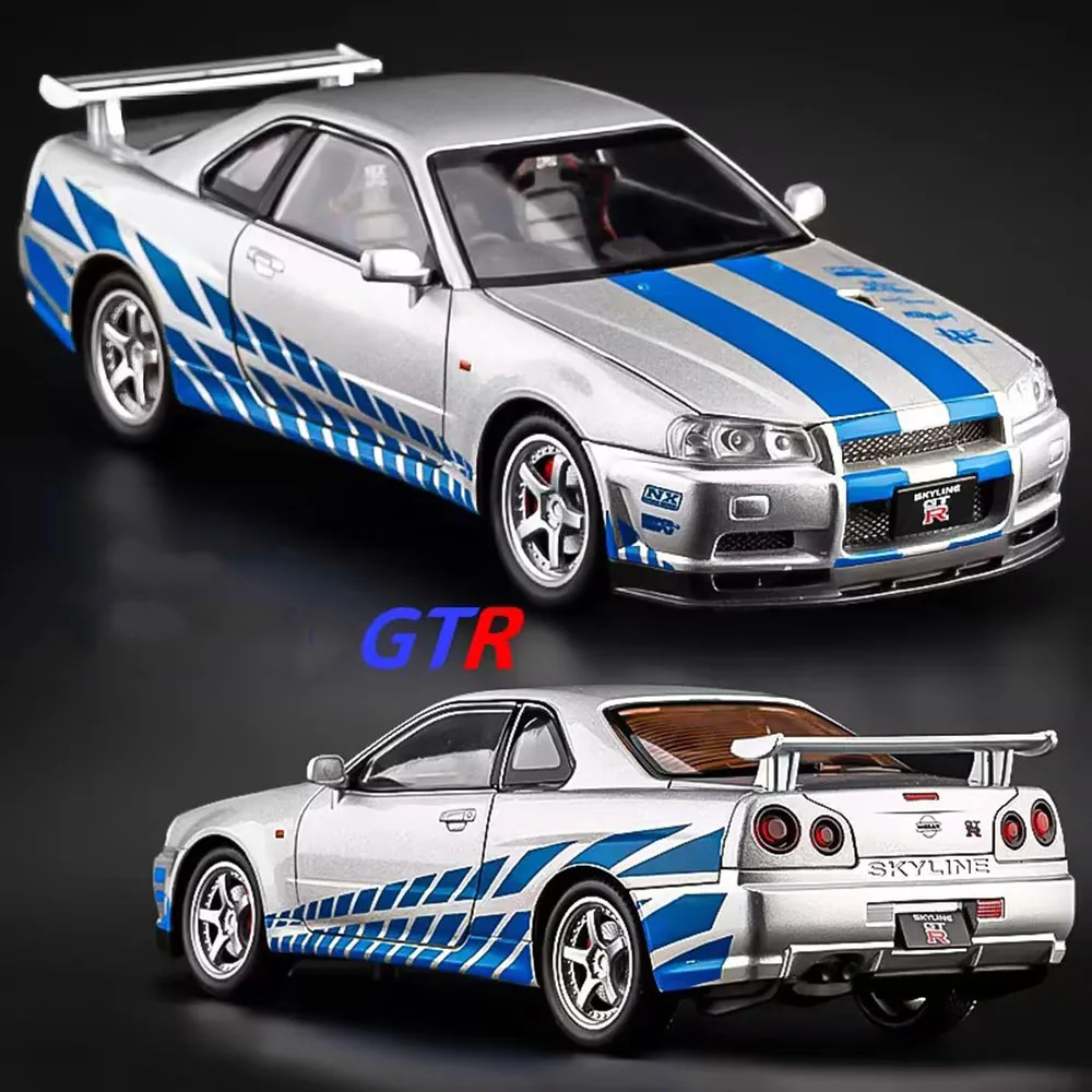 1:24 Nissan GTR-R34 Alloy Toy Cars Diecast Model Pull Back Vehicle Light Music 4 Doors Opened Miniature Car Boys Decoration Gift