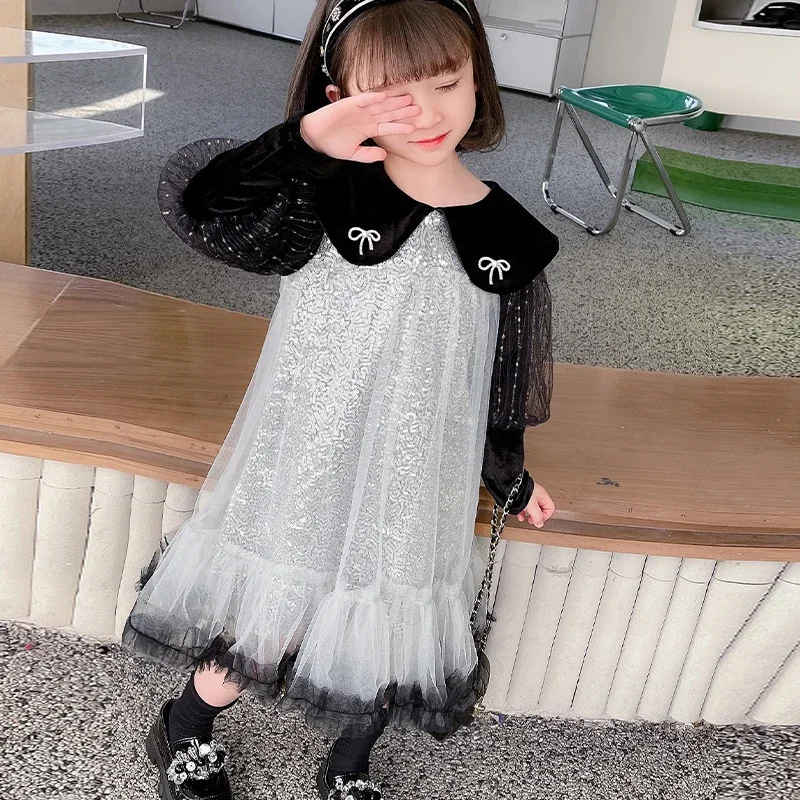 Robe de princesse en tulle à paillettes pour filles, robe de Rh, manches longues, nœud papillon, fête d'anniversaire, enfants, 2 ans, 4 ans, 6 ans, 8 ans, 10 ans, mode