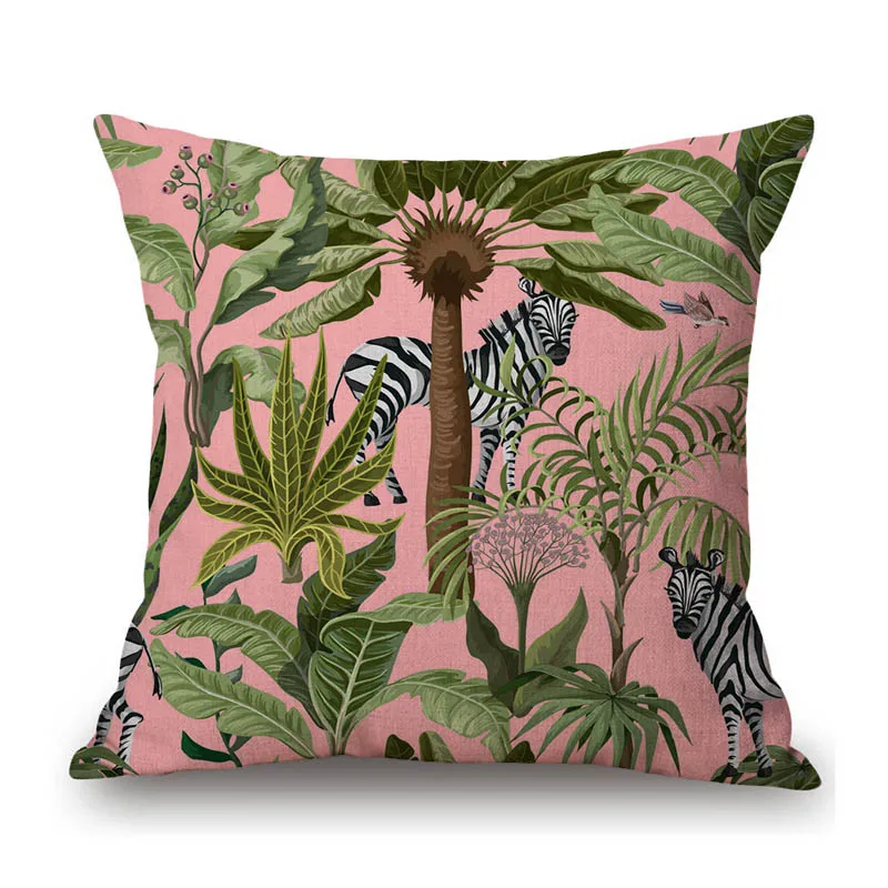 Tropical Plants Leaves Animal Giraffe Leopard Flamingo Birds Exotic Art Cotton Linen Sofa Pillow Case Car Seat Cushion Cover